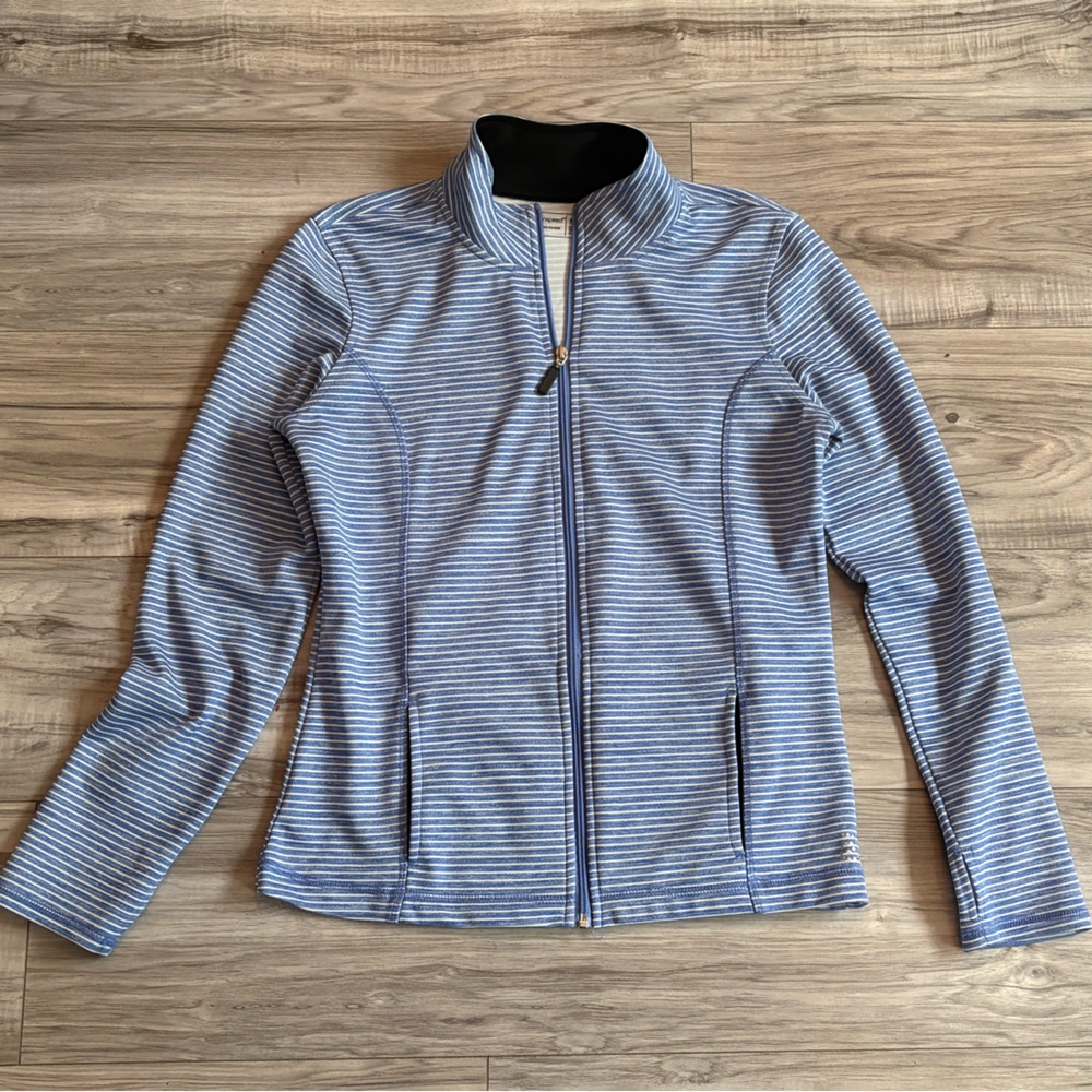 3/$25 Sporty Chic Blue Striped Zip-Up Jacket | Size M | Sleek & Flattering Fit
